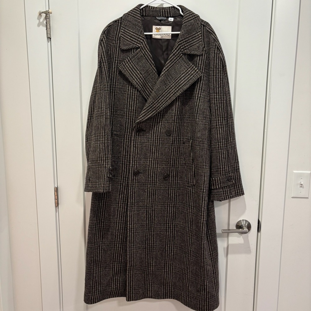 Vintage Lakeland Mens Tweed Overcoat Brown Striped Wool Double Breasted Coat 42